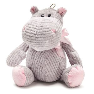 PLUSH GRAY CORDUROY HIPPO WITH PINK BOW