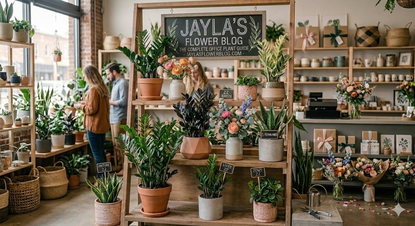 Curated collection of different ZZ plant varieties on display at a boutique flower and gift shop for the Guide to Houseplants.